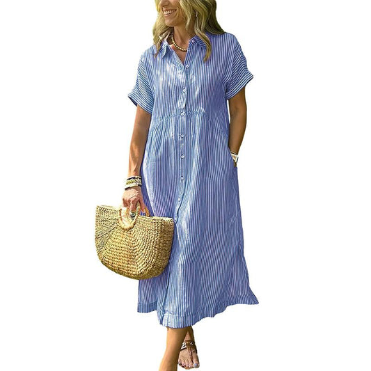 Women's Loose Midi Striped Shirt Dress